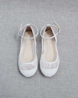 White New Lace Ballet Flats with Ankle Strap